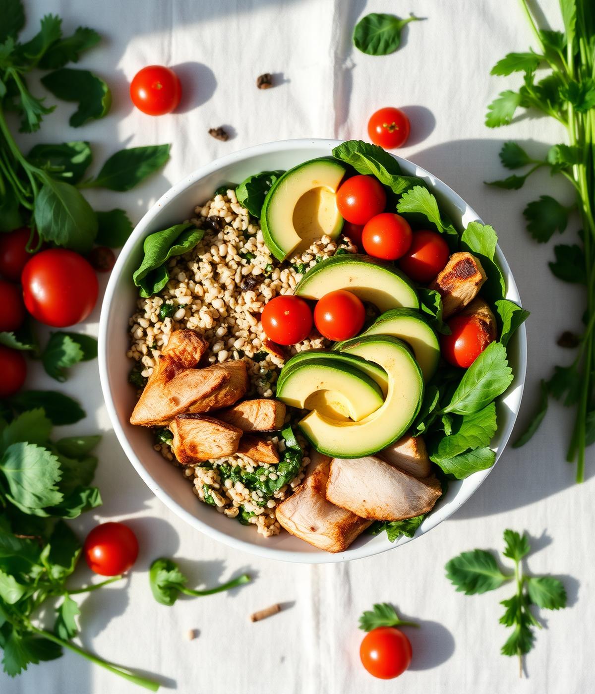Nourishing bowl with quinoa, avocado, tomatoes and greens